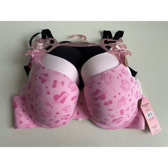 3 Pack Juicy Couture Sexy Push Up Bra Size 38C Cupid Valentines Pink Black NEW - Picture 1 of 8